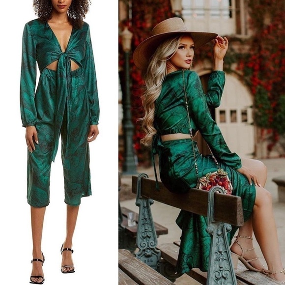 HUTCH 70s Satin Wrap Tie Cutout Front Long Sleeve Wide Leg Ankle Crop Jumpsuit 4 - Picture 1 of 10